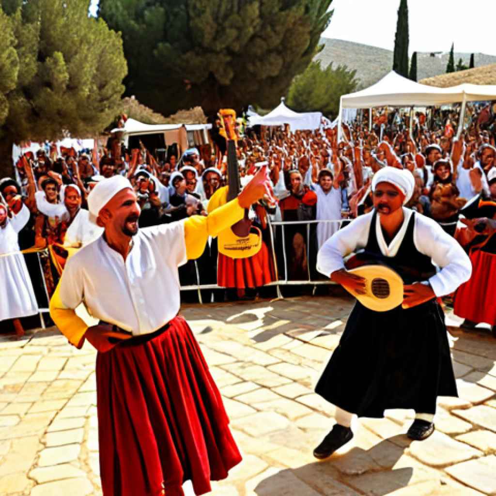 **A lively scene at a North Cyprus music festival. Capture the energy with musicians playing the bouzouki and daouli, dancers in traditional clothing, and a joyful crowd. Focus on warm, vibrant colors.**