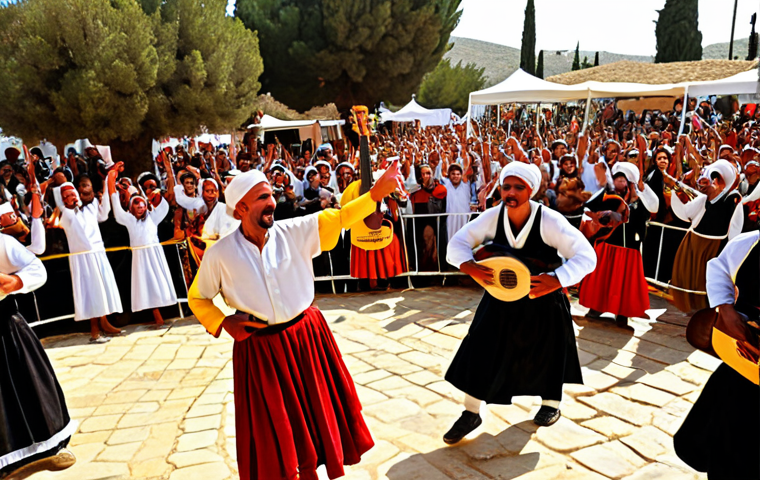 **A lively scene at a North Cyprus music festival. Capture the energy with musicians playing the bouzouki and daouli, dancers in traditional clothing, and a joyful crowd. Focus on warm, vibrant colors.**